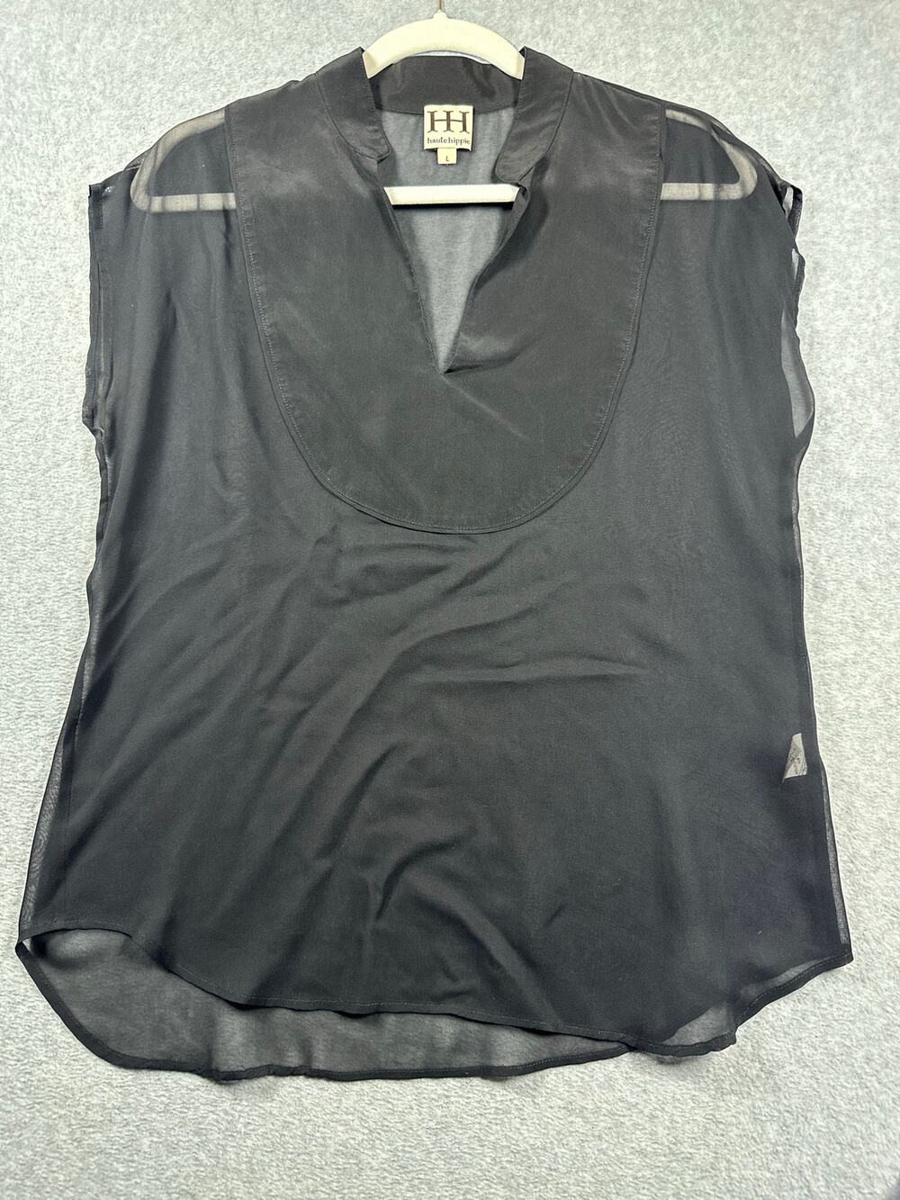 Haute Hippie Blouse Top Women's Large Black Cotton Sleeveless Minimalist V-Neck